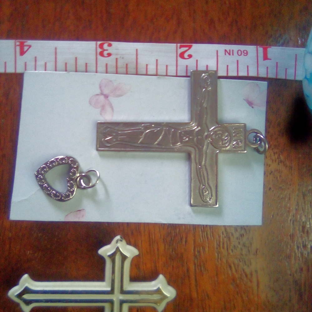 Gold Tone Crucifix Pendant with Small Heart Charm